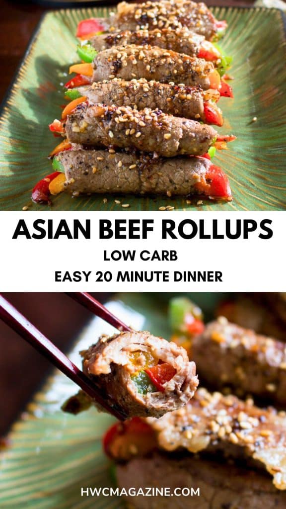 Asian Beef Rollups with a bite out of it showing the trip of colorful peppers.