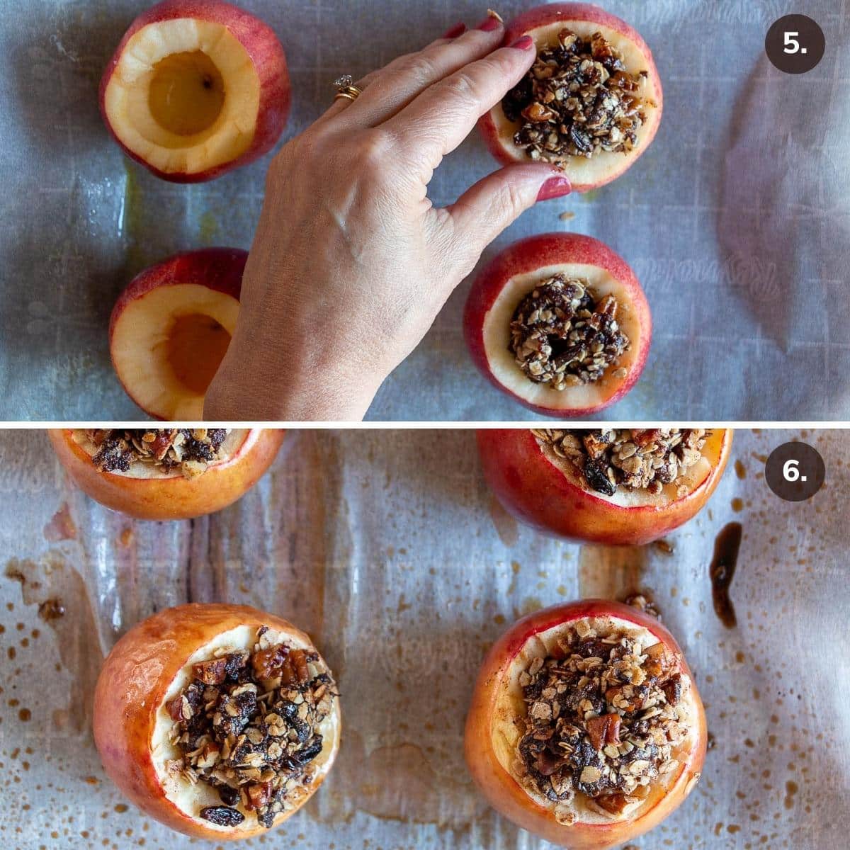 Apples getting stuffed with date oat filling and then hot out of the air fryer.