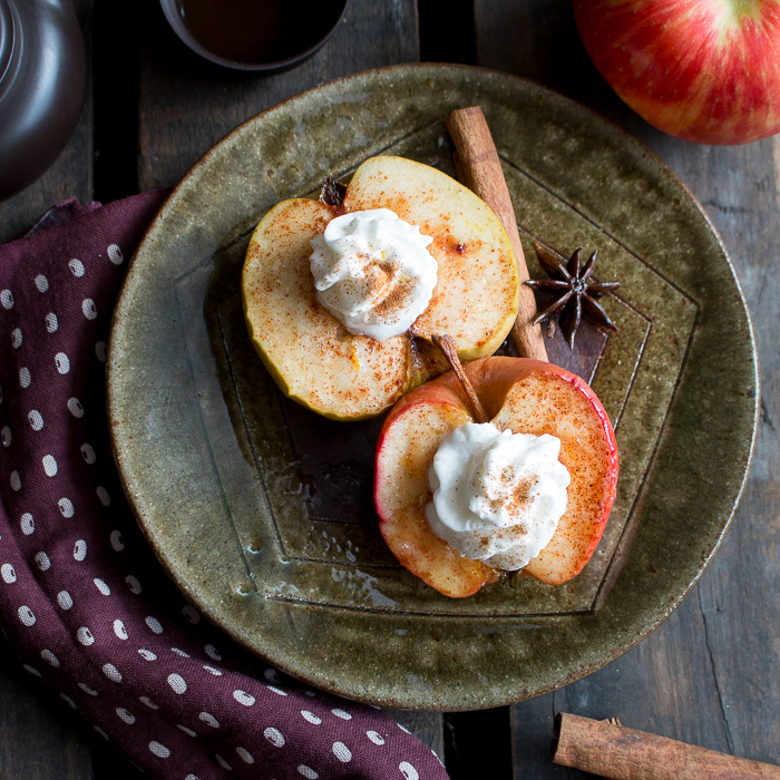Top down baked apples with whipped coconut cream