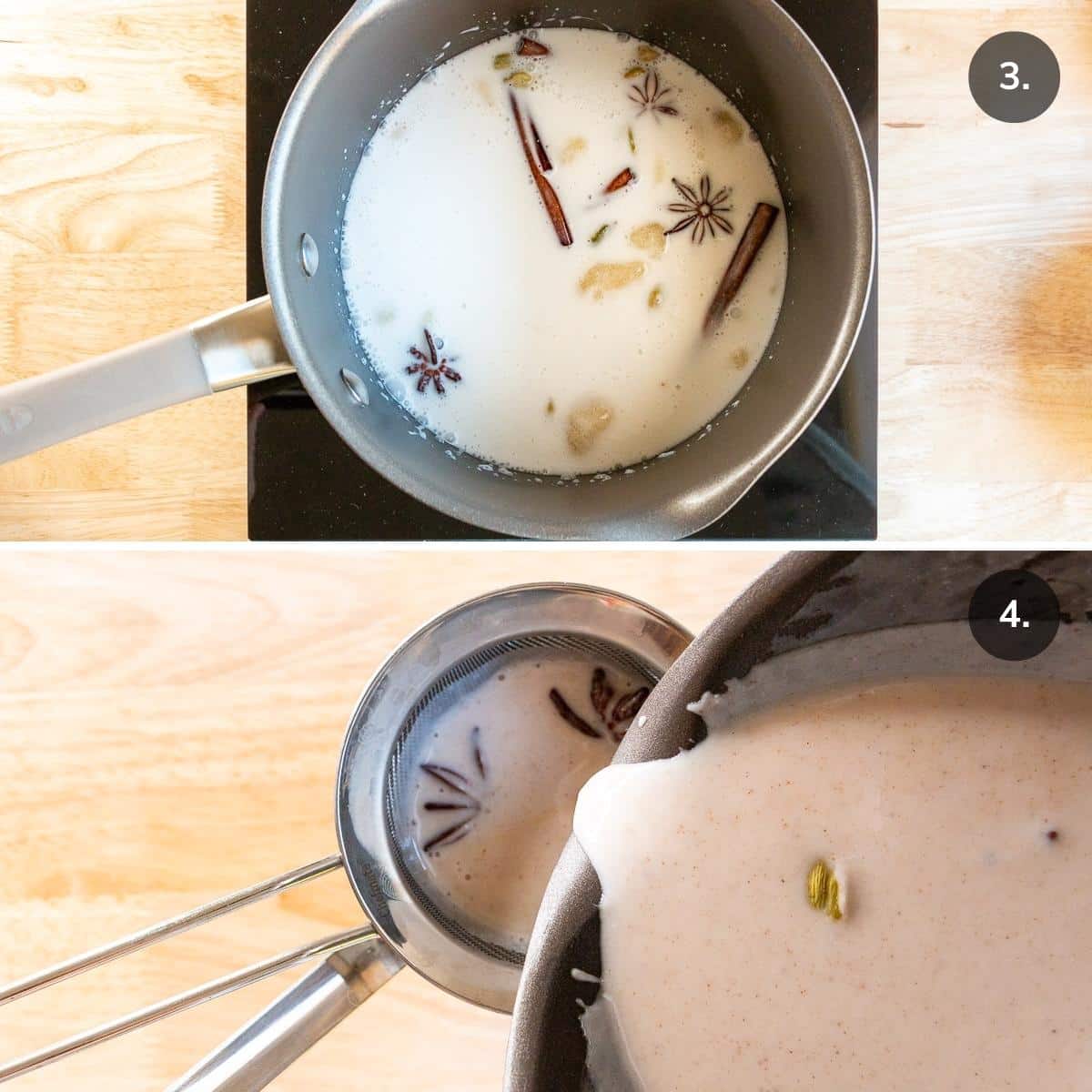 Adding chai spices and straining coconut milk mixture.