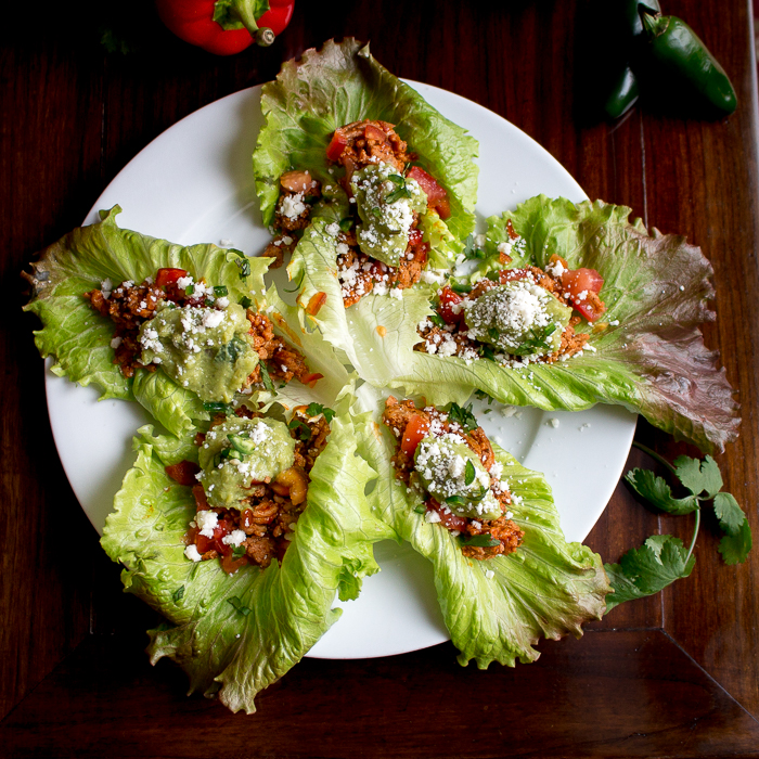 Top down shot of 5 turkey taco lettuce wraps