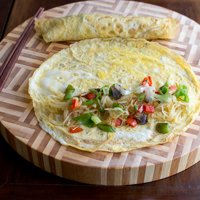 Egg pancakes with a little of the Chinese 5 spiced stir fried spaghetti squash mixture