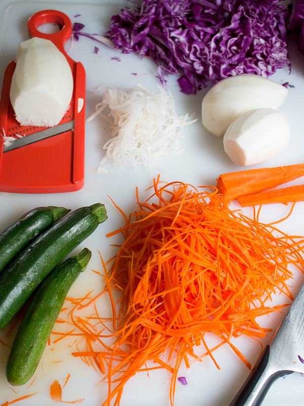 Vegetables and mandolin cut ultra thin