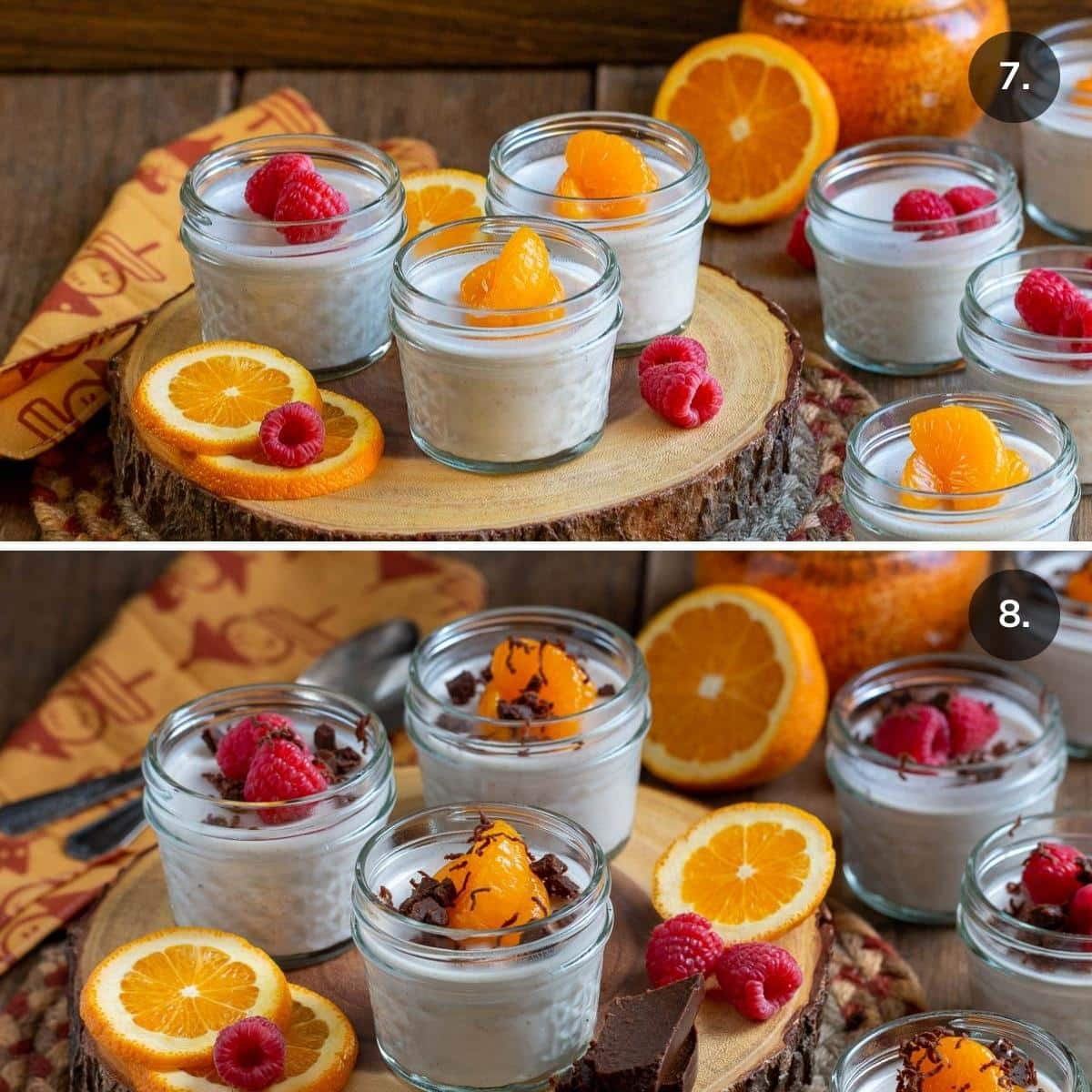 Garnished coconut jello with mandarin oranges and raspberries and chocolate. 