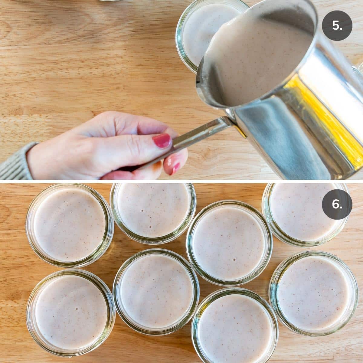 Pouring coconut jelly mixture into containers. 