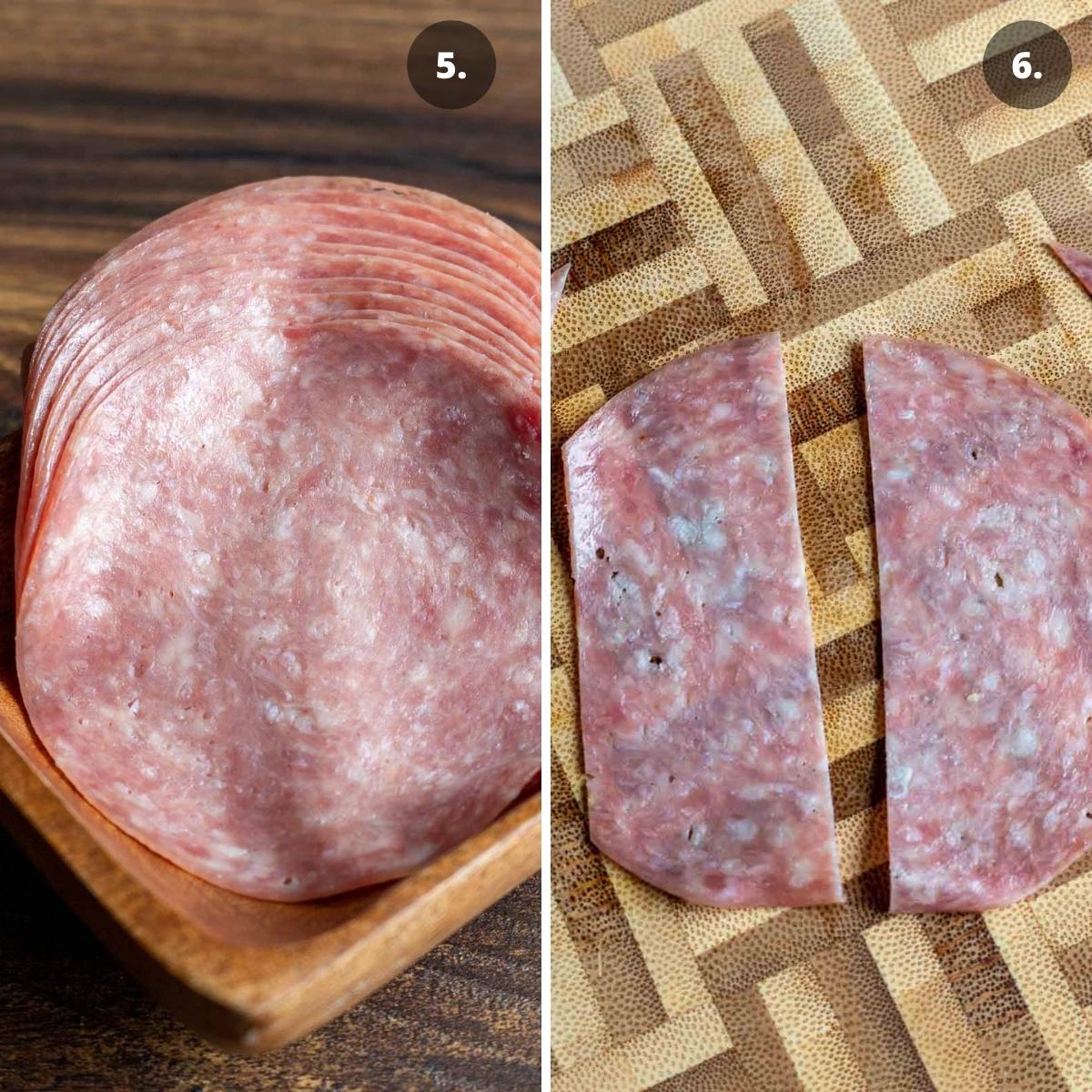 Salami slices trimmed and cut in half.