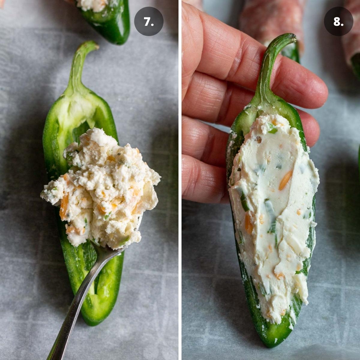 Raw jalapenos stuffed with herby cheese mixture.