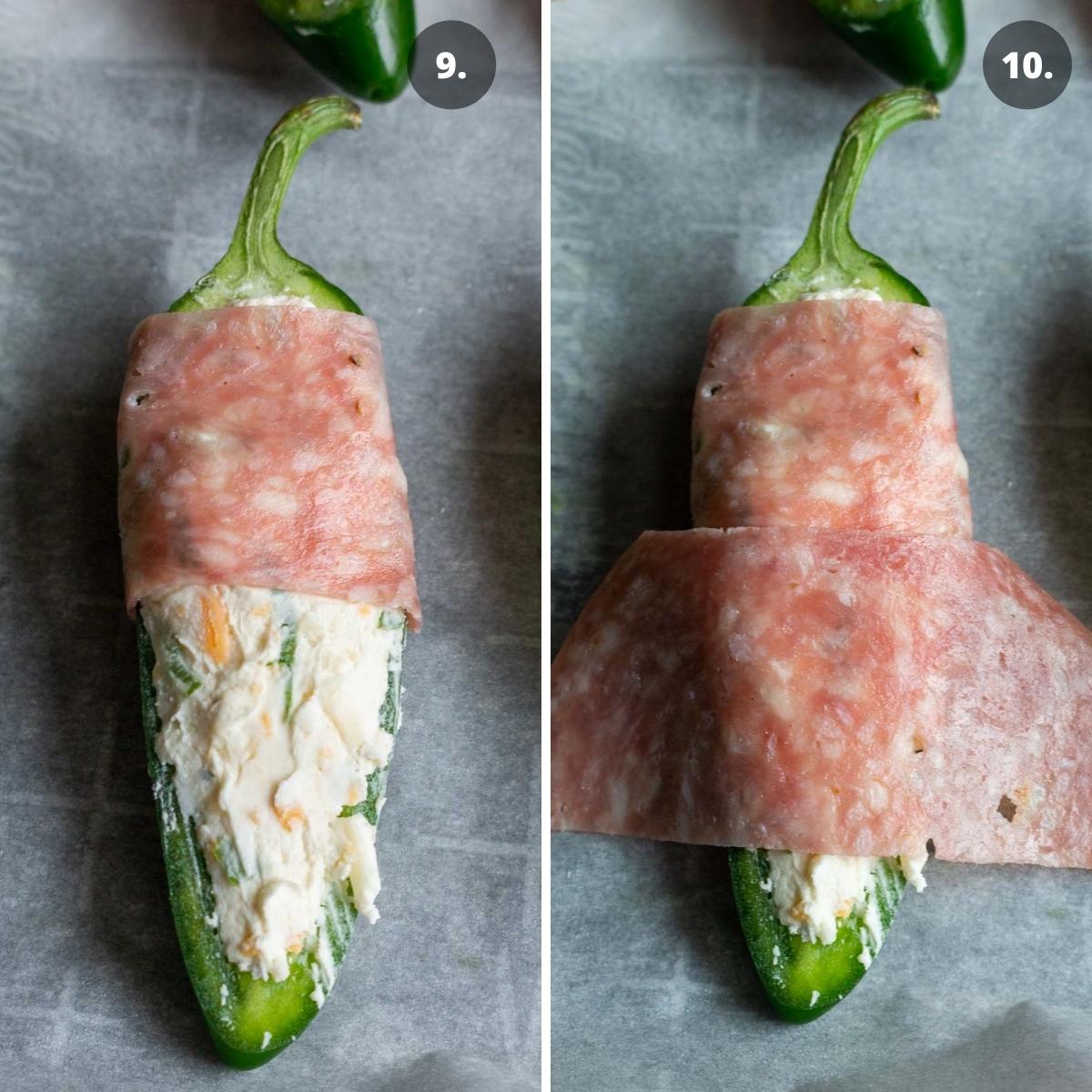 Salami wrapped around the jalapeno. 