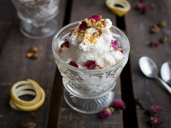 2 Lemon Rose Cardamom Cheesecake Mousse with spoons- ready to eat.