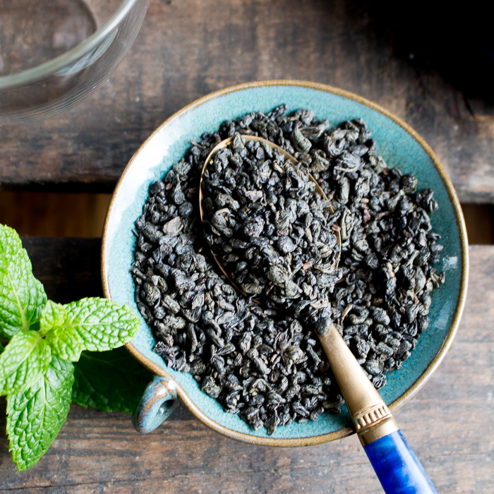 close up shot of gunpowder green tea dried leaves