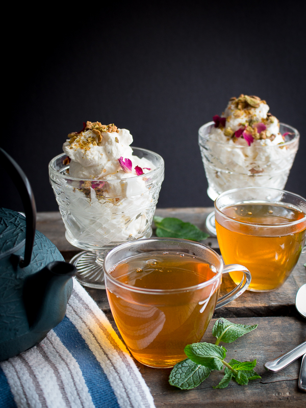 Healthy Moroccan Mint Tea with lemon rose cardamon cheesecake mousse cups