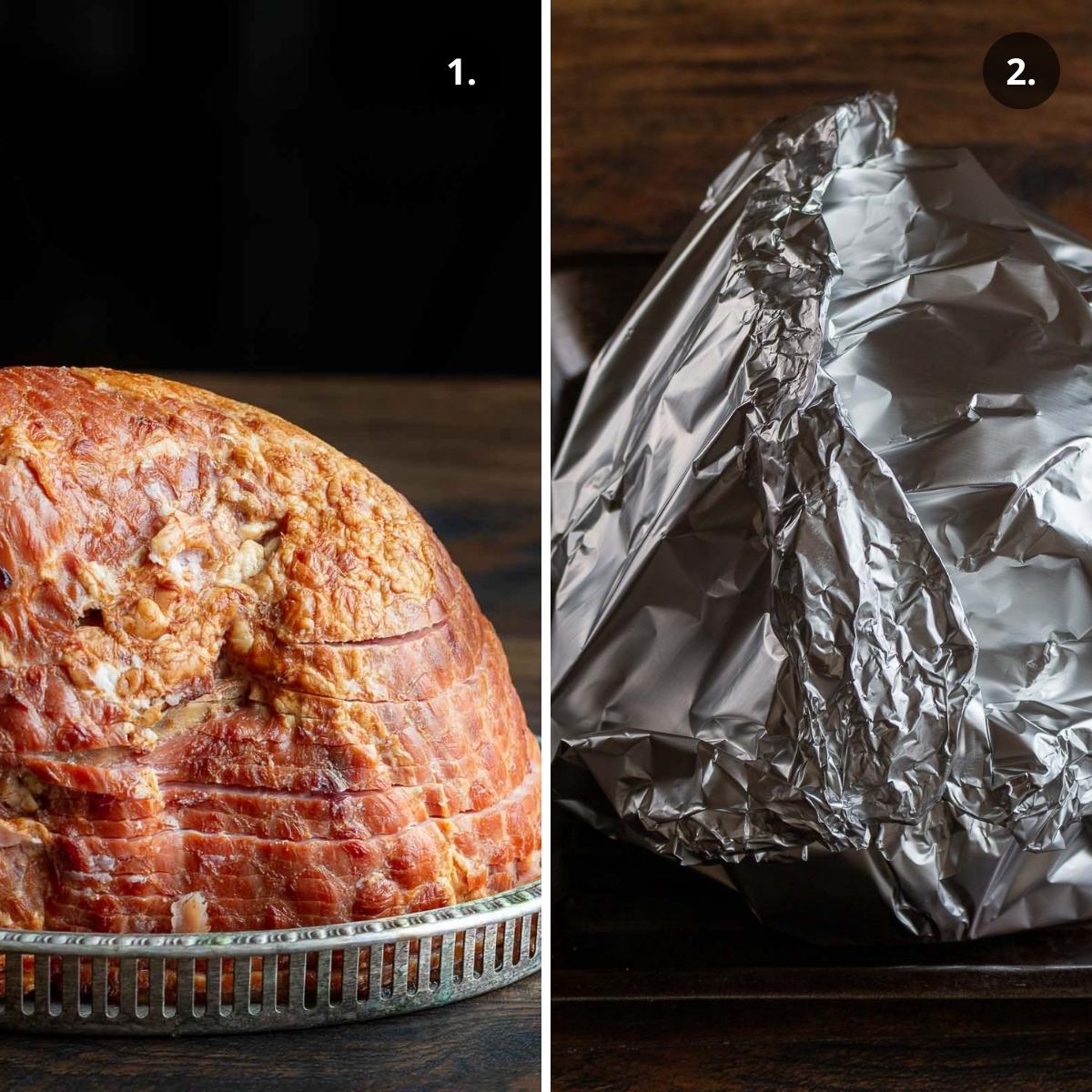 spiral ham and also one spiral ham wrapped in aluminum foil.