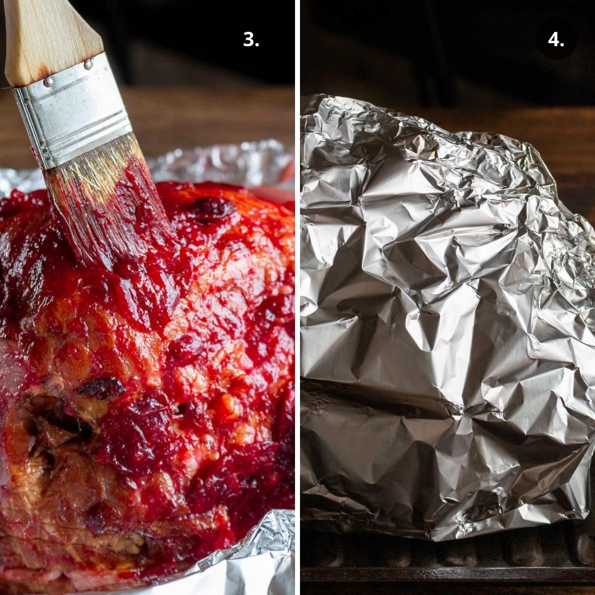Ham getting glazed with cranberry sauce and then wrapped back up in foil.