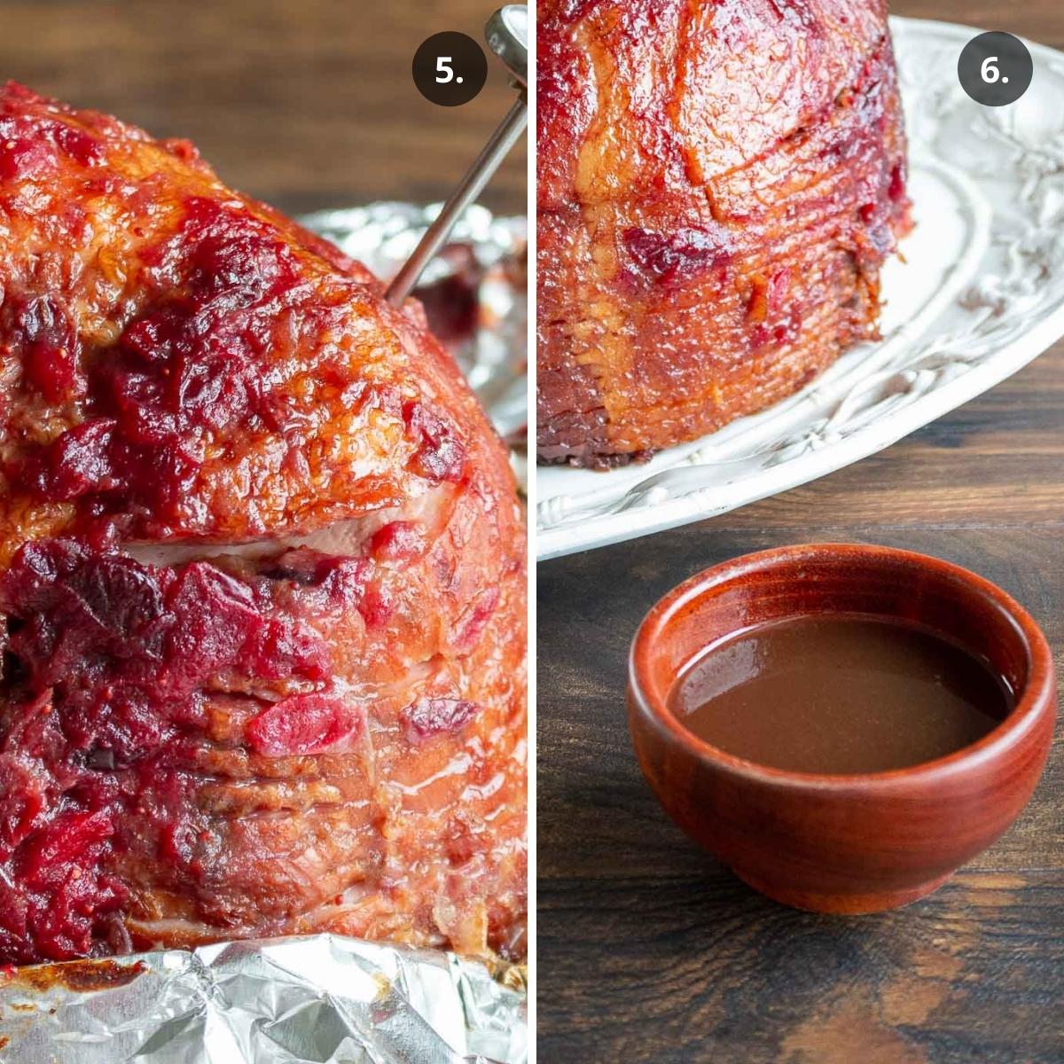 Adding the final glaze to the ham and reserving the ham juice in a bowl.