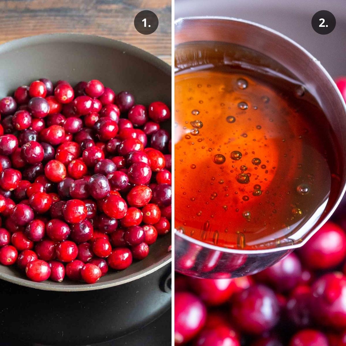 Fresh cranberries in skillet and adding in honey.