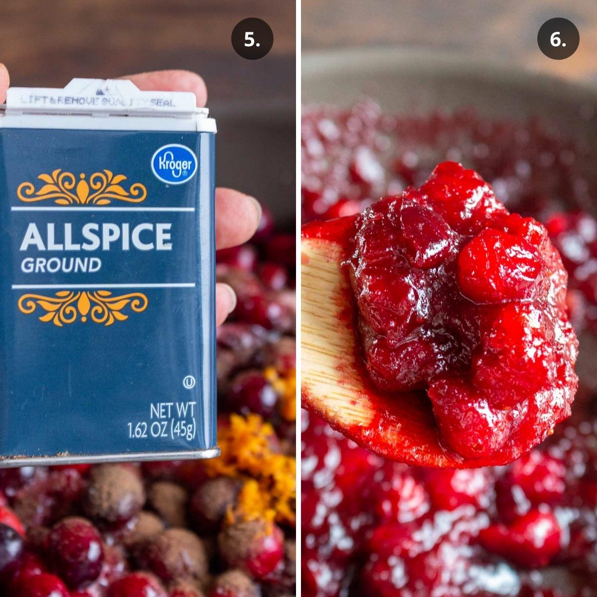 Adding in allspice and thick cranberry sauce glaze on a wooden spoon.