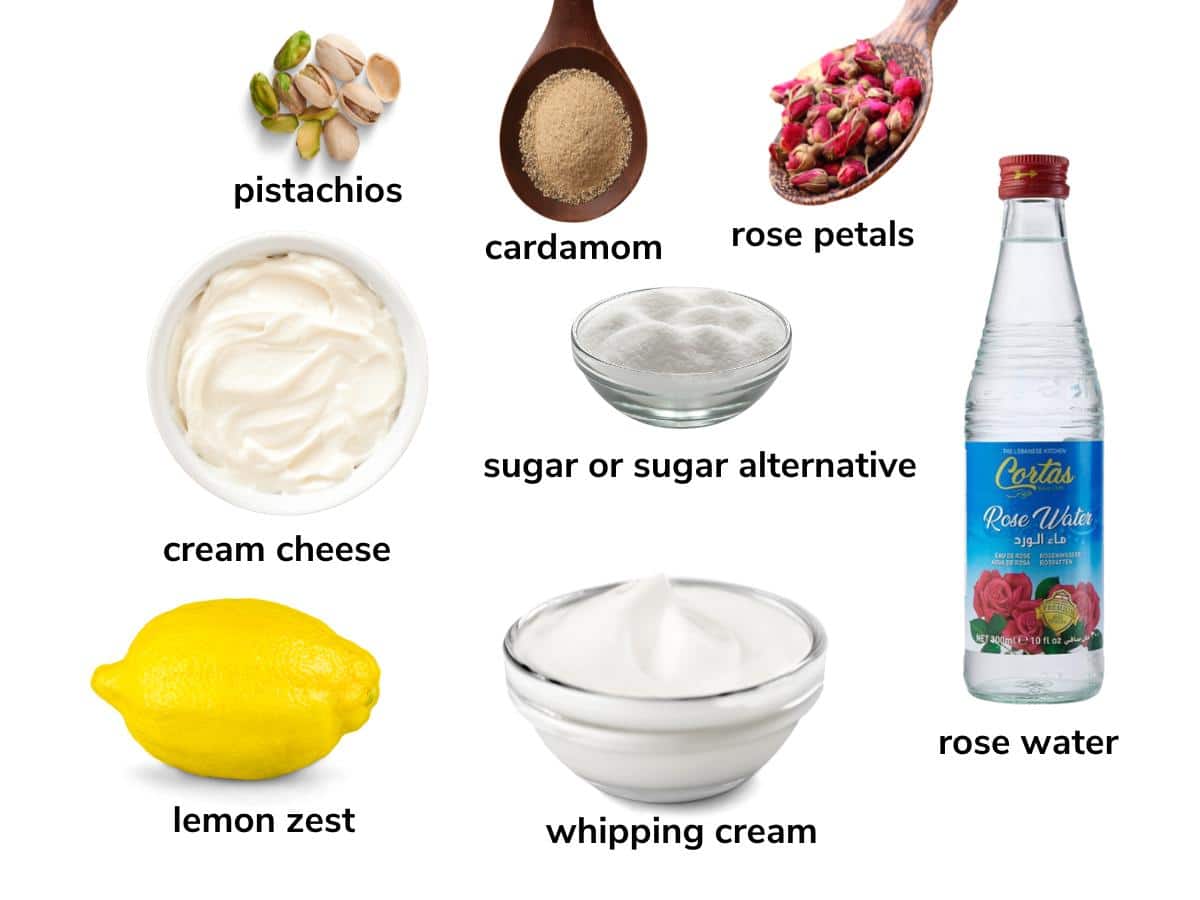 Ingredients to make lemon rose cheesecake mouse labeled. 
