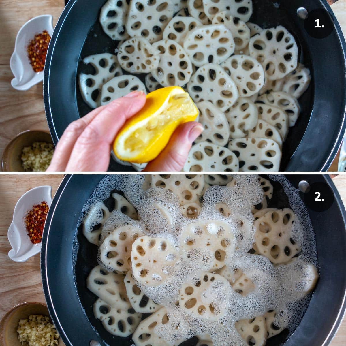 Adding lemon to water and blanching lotus roots.