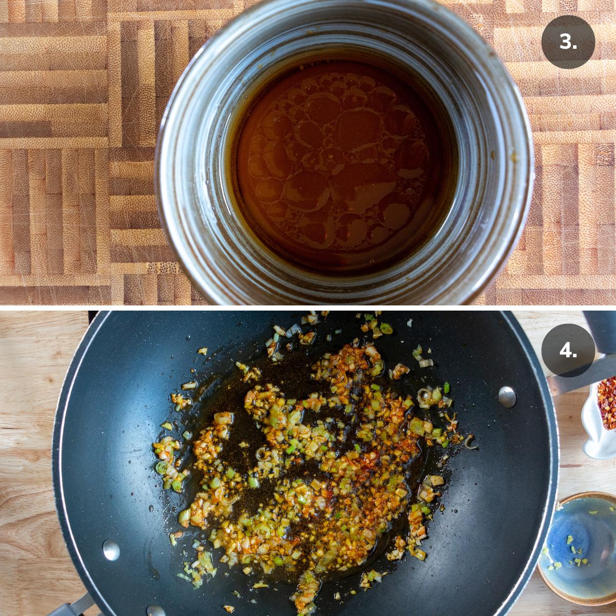 Stir fry sauce in a brown bowl and aromatics frying in wok.