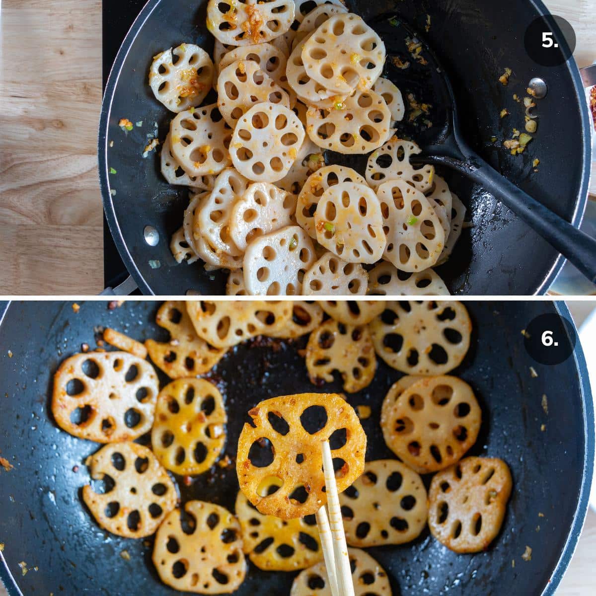 Stir Frying the lotus root in a wok and holding one up with chop sticks.