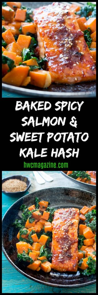 Baked Spicy Salmon and Sweet Potato Kale Hash / https://www.hwcmagazine.com