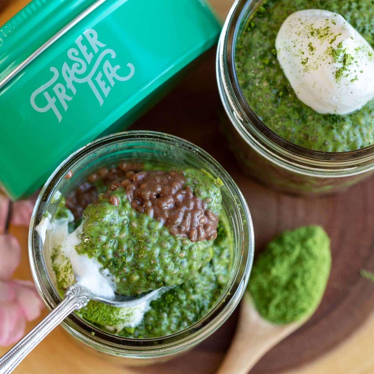 Taking a bite of the chocolate matcha chia seed pudding. 