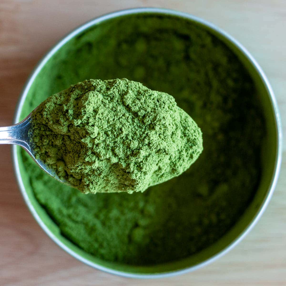 Scoop of Ceremonial grade matcha green tea.