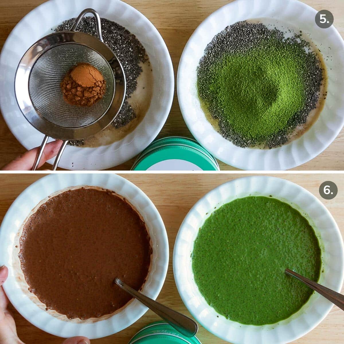 Keto chocolate chia pudding and matcha chia seed pudding getting mixed up.