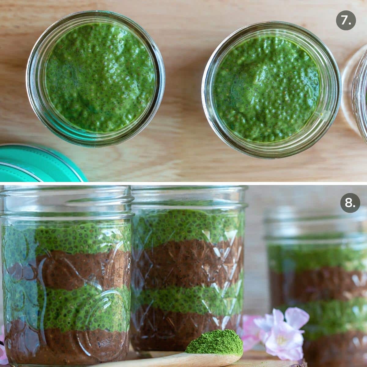 Matcha chia seed pudding added into the mason jars showing the layers.