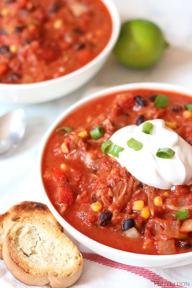 chili in a white bowl. 