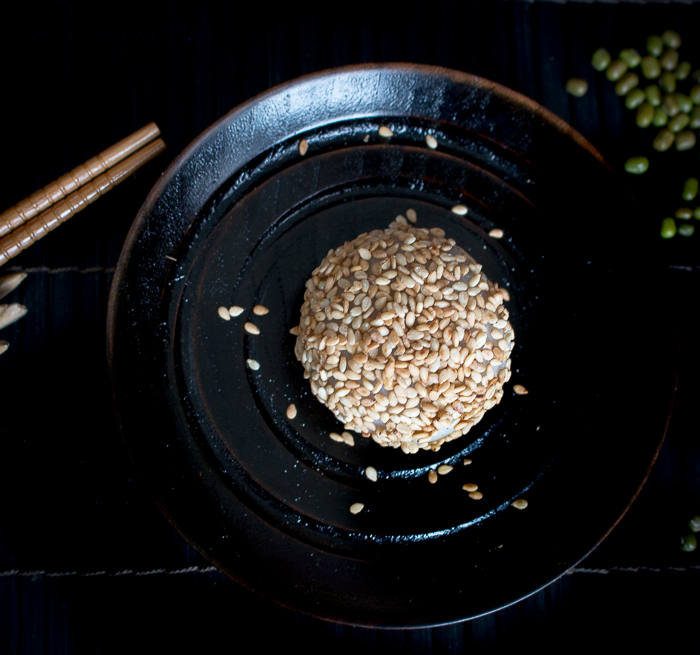 Mung Bean Daifuku Mochi on a black plate.