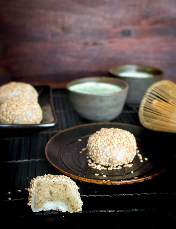 Mung Bean Daifuku Mochi cut in half showing the delicious green mung bean sweet dessert filling.