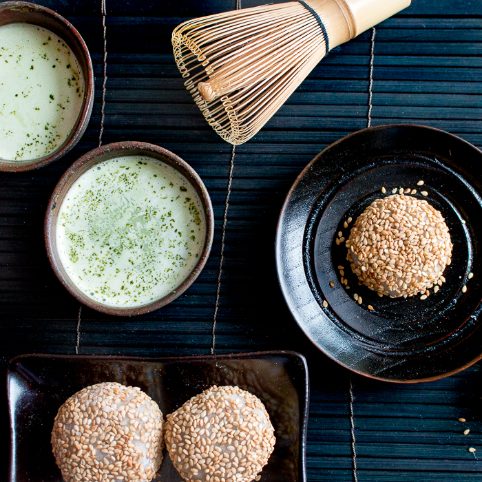 Sesame seeded Daifuku Mochi served with 2 matcha lattes. 