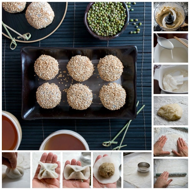 Showing step by step how to make daifuku mochi with mung bean filling.