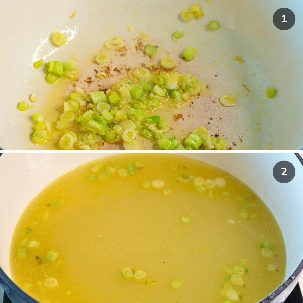 Sauté aromatics in soup pot and added in Chicken broth.