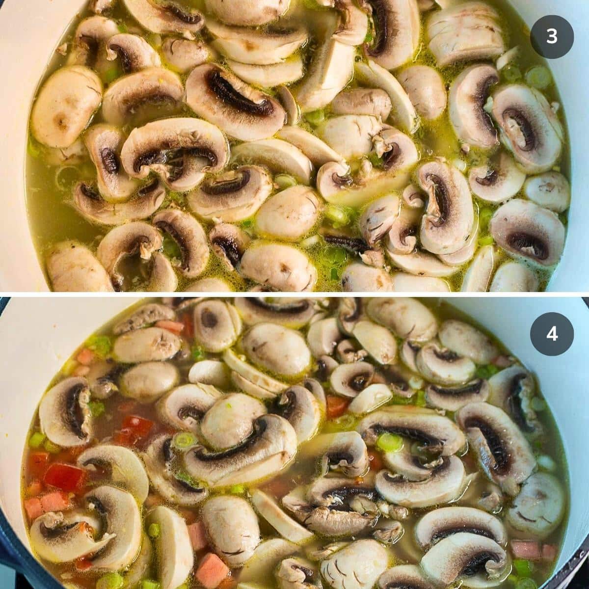 Adding in the mushrooms, tomatoes and sauces to soup pot.