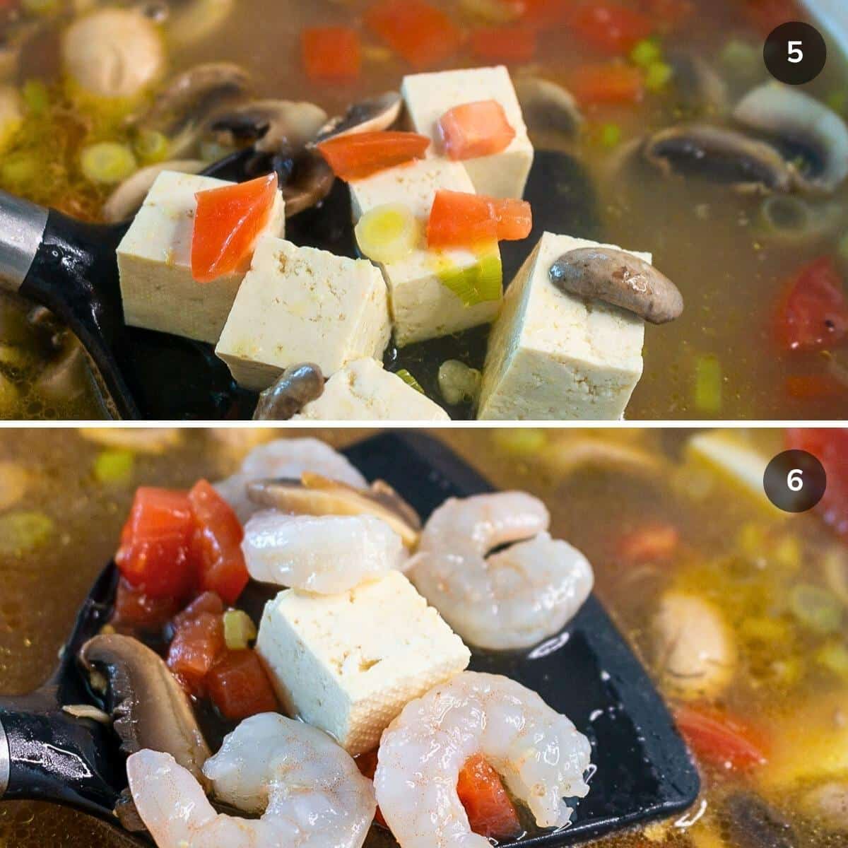 Adding in the tofu and shrimp to soup pot.