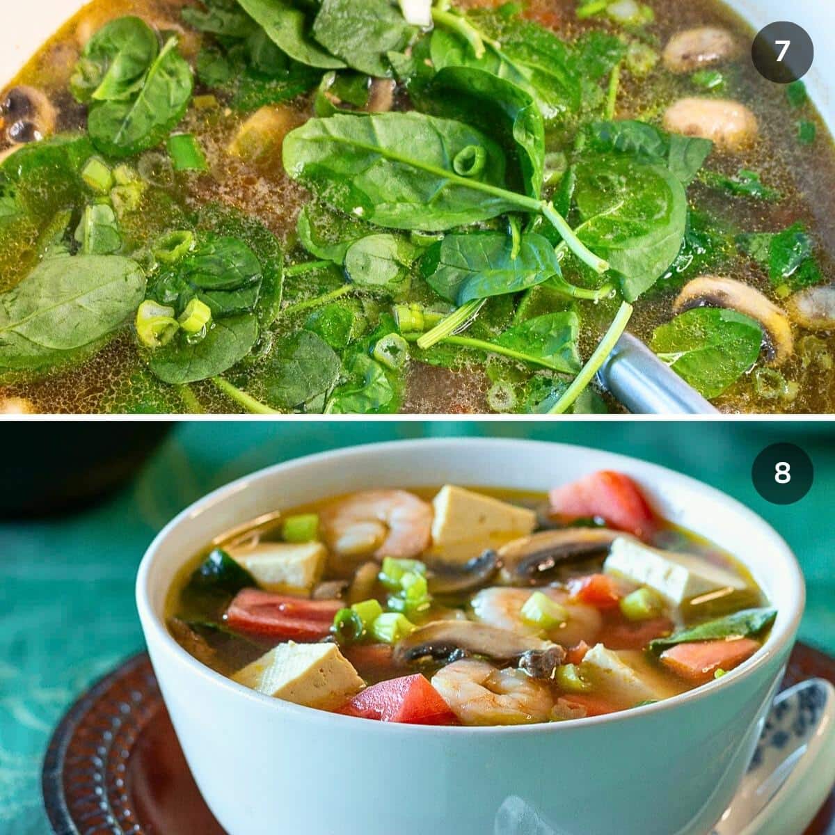 Adding in the fresh spinach to the hot soup and serving it into a white bowl.
