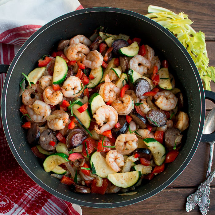 Shrimp and sausage in the iron skillet.