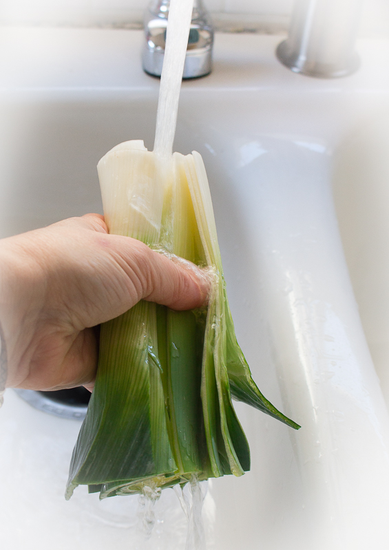 Leeks getting washed our really well in the sink.