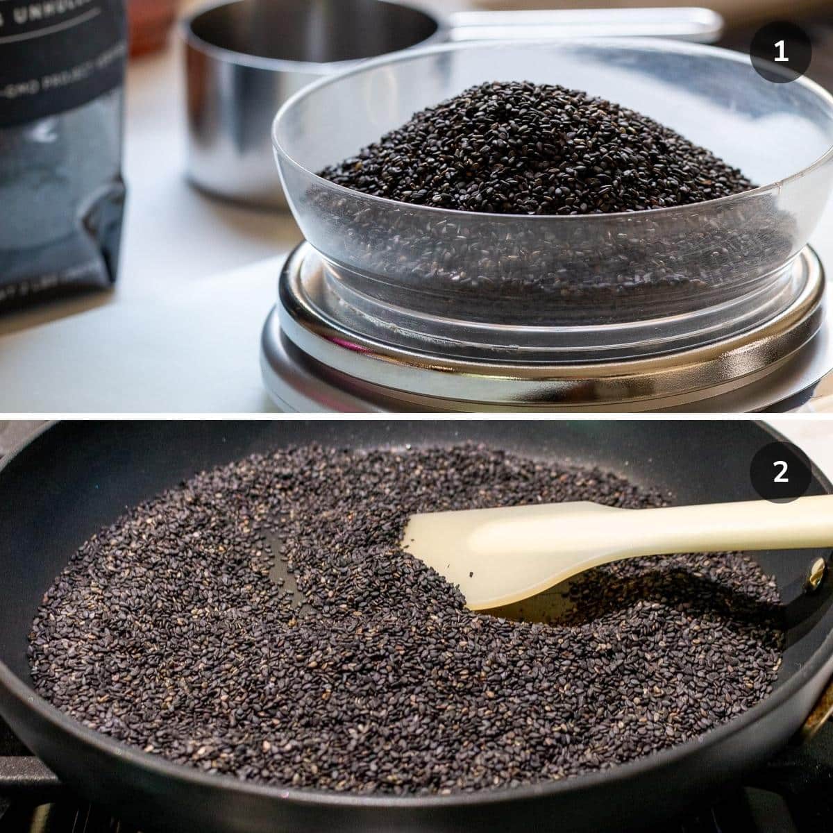 weighing and toasting black sesame seeds in a pan. 