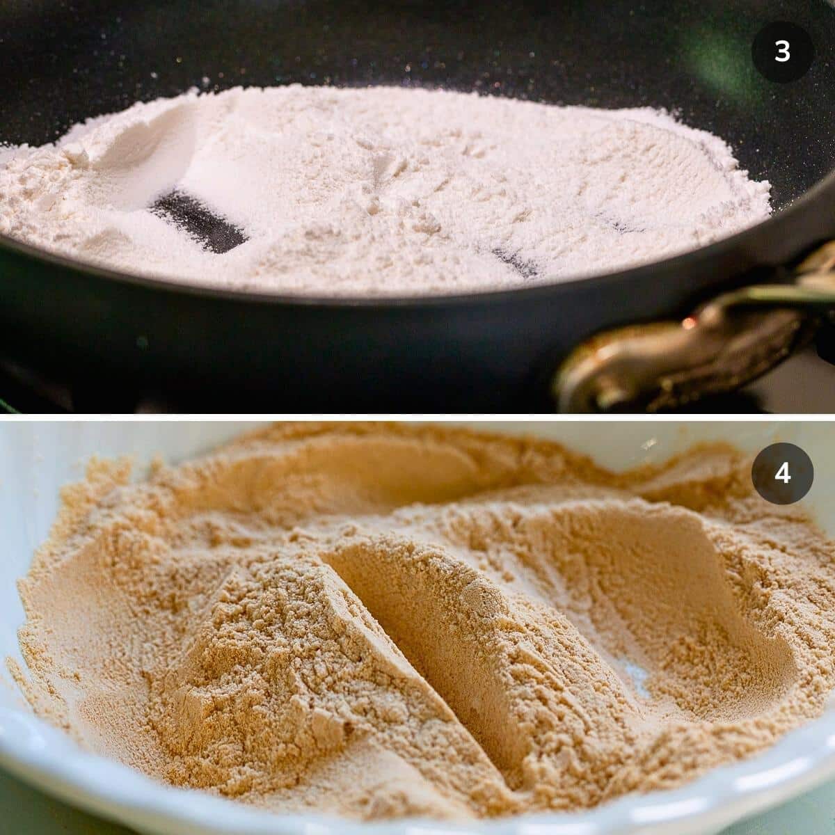 Toasting the glutinous rice flour in a pan and showing it turning a beige color from white.