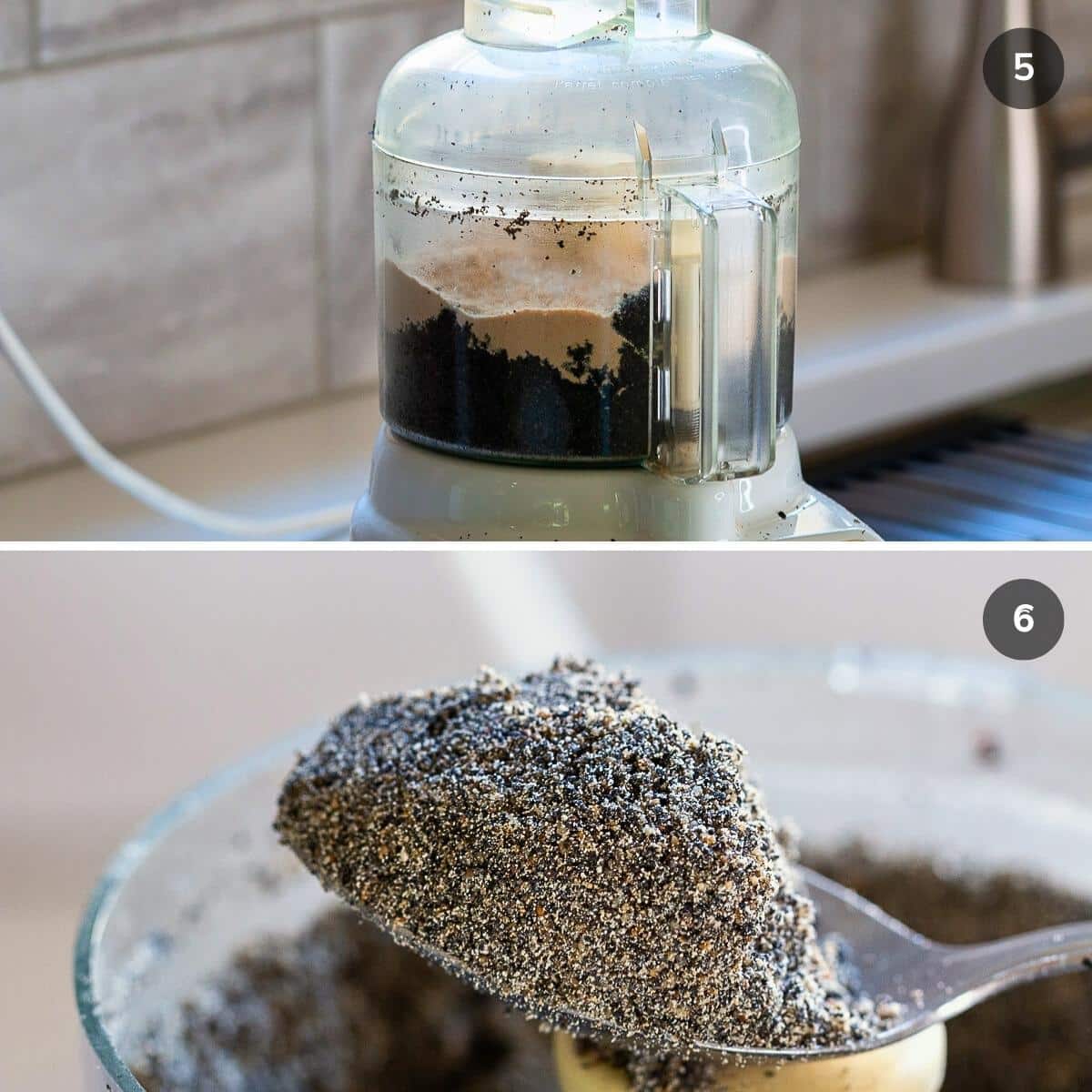 Grinding the black sesame seeds into a powder and adding in toasted glutinous rice and salt to make the dried instant sesame cereal.