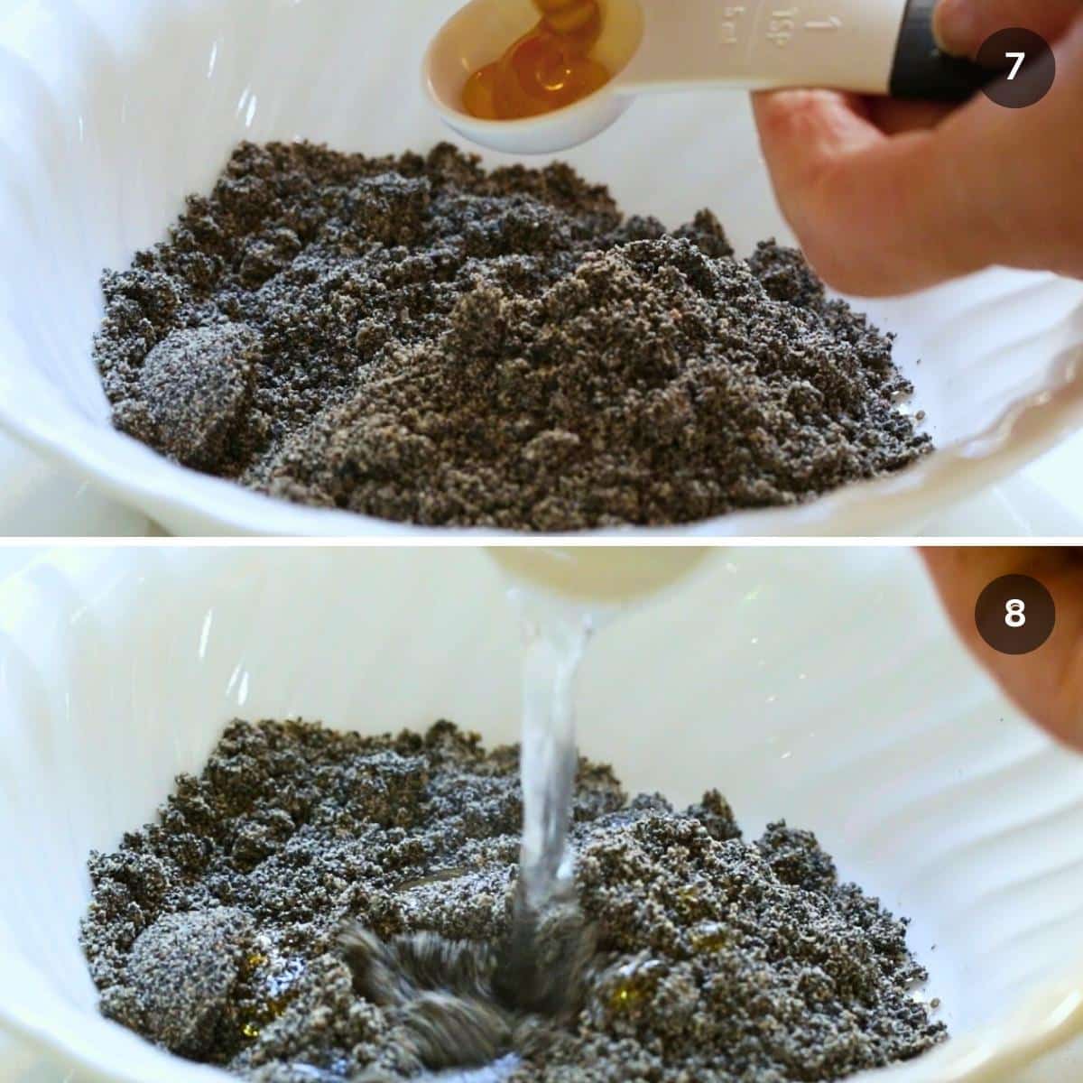 Making the instant dessert soup by adding the black sesame powder, honey and water to a white bowl.
