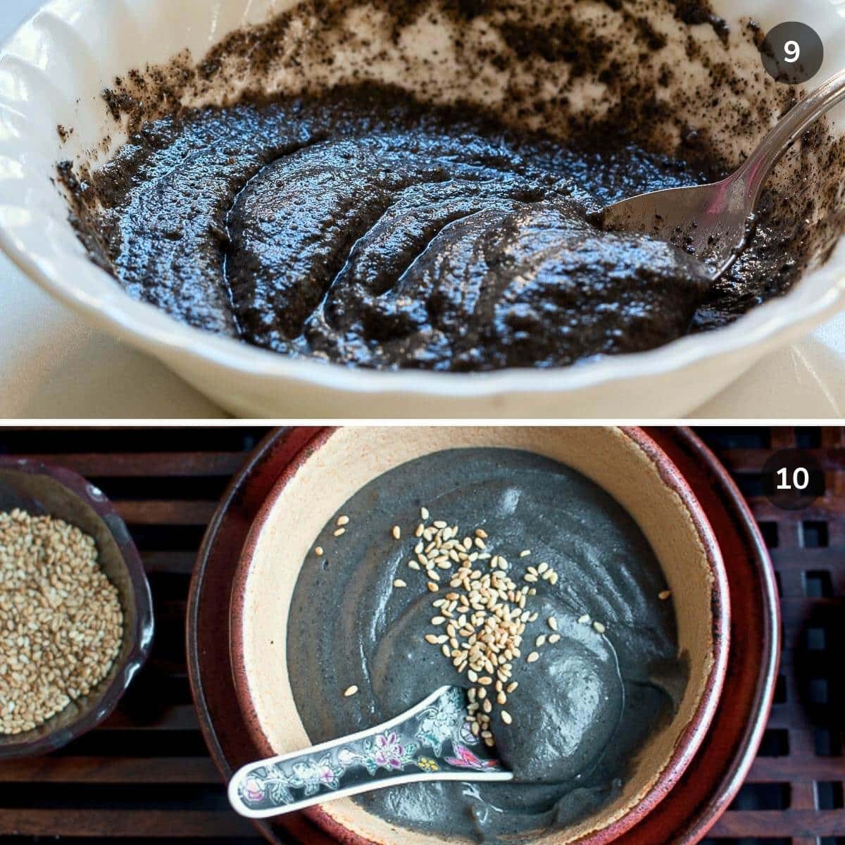 Stirring the black sesame soup into a thick pudding like consistency.