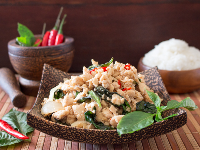 Stir-fried minced chicken with holy basil (pad grapao gai)