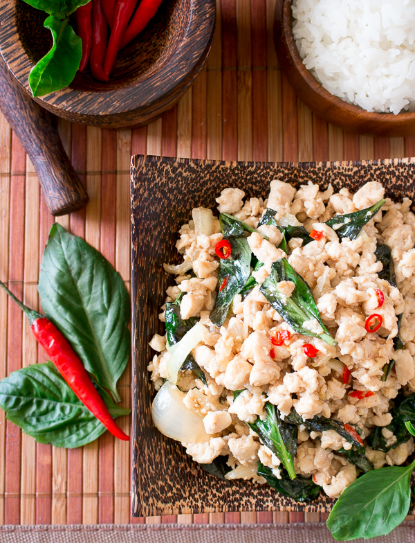 Spicy Holy Basil Chicken showing the Thai basil leaves and chili.
