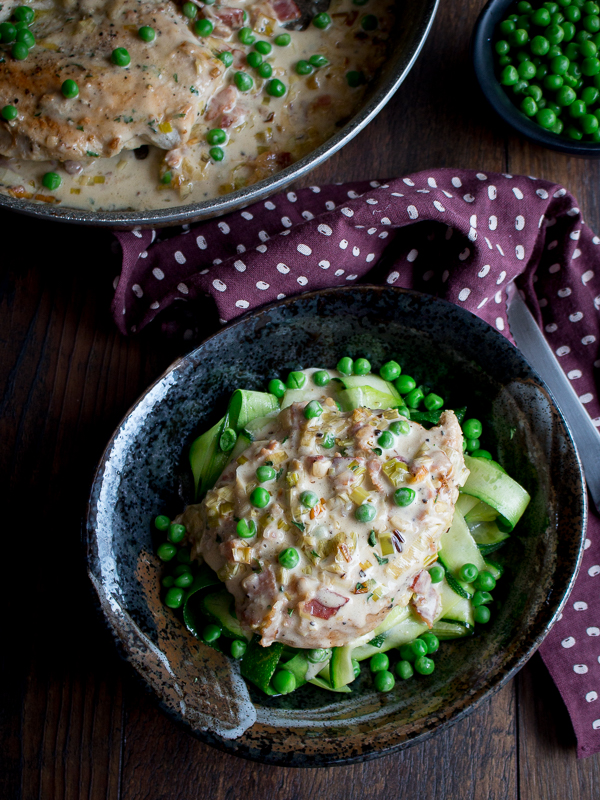 A ready to be served plate of chicken with the bacon sauce on a bed of zucchini in a black bowl next to a pan of chicken. 