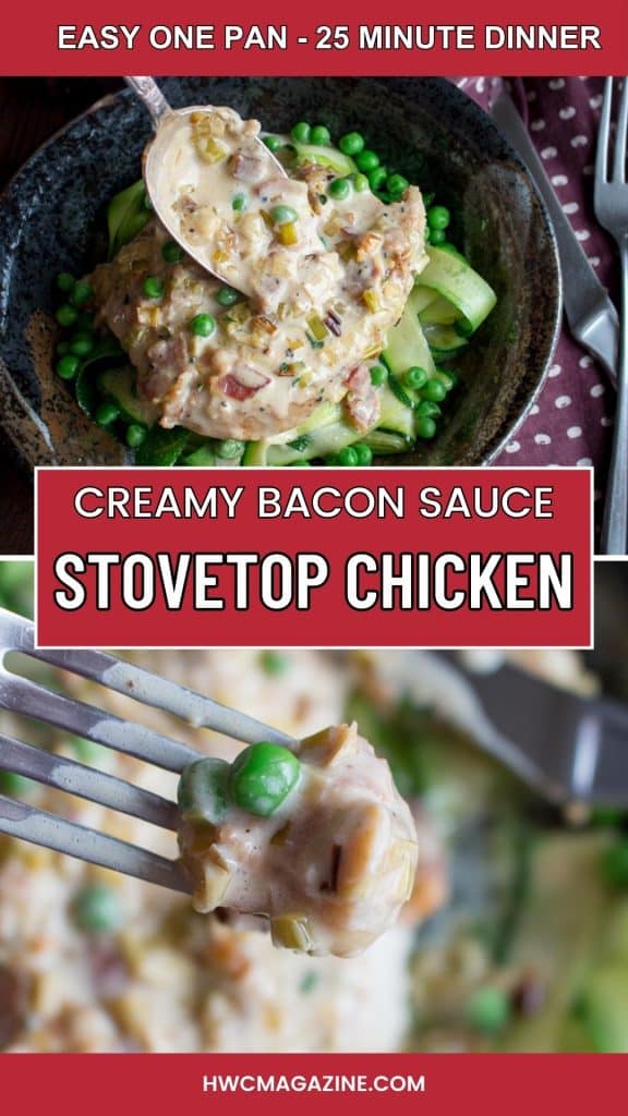 Stovetop chicken with creamy bacon sauce - taking a bite.