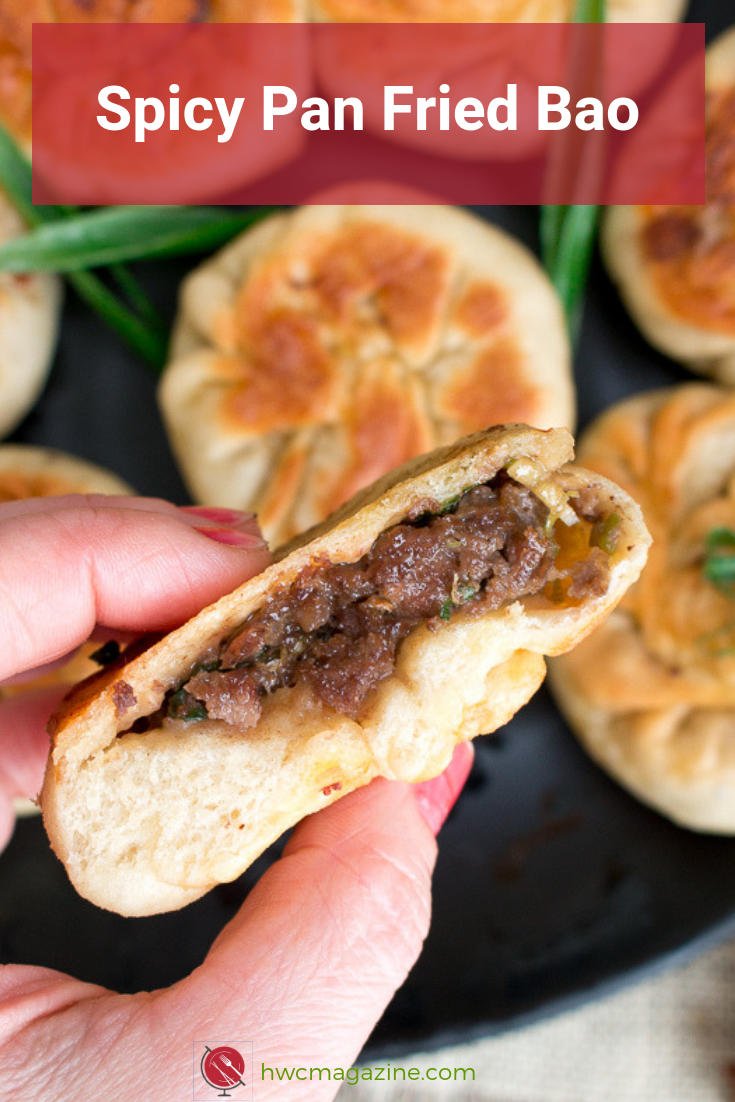 Spicy Pan Fried Beef Bao is one delicious dim sum bite filled with tender ground beef, Sichuan Peppercorns, Five Spice and green onions in a delightful delicately pan fried beef bun. Gluten Free Recipe Options too! #chinese #bao #dimsum #beef #pastry #appetizer / https://www.hwcmagazine.com